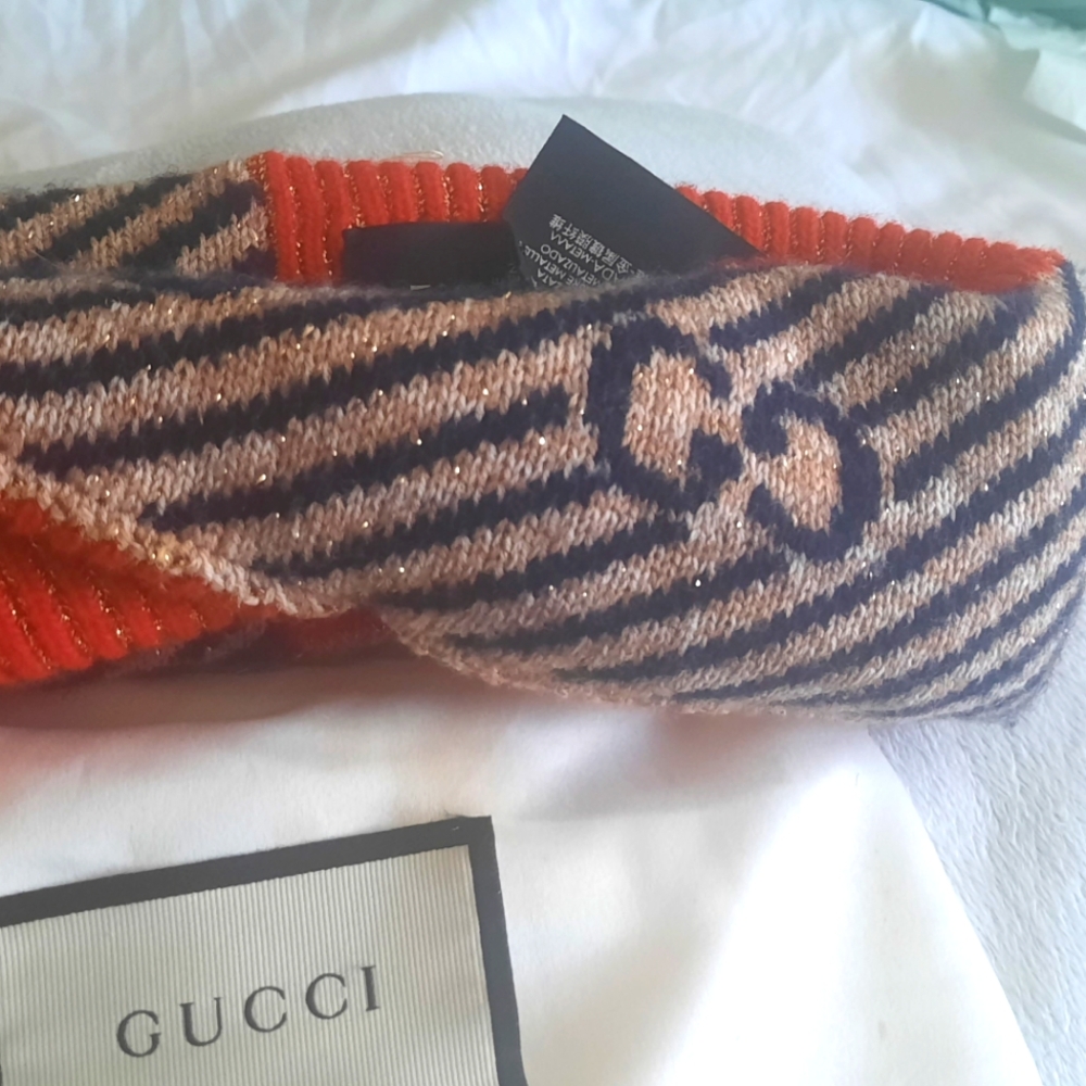 Gucci Beige and Navy Knitted Headband with Orange Trim
